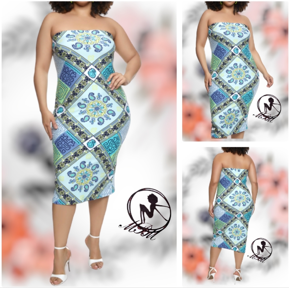 🆕 Boho Mix Print Strapless Midi Dress size 3X